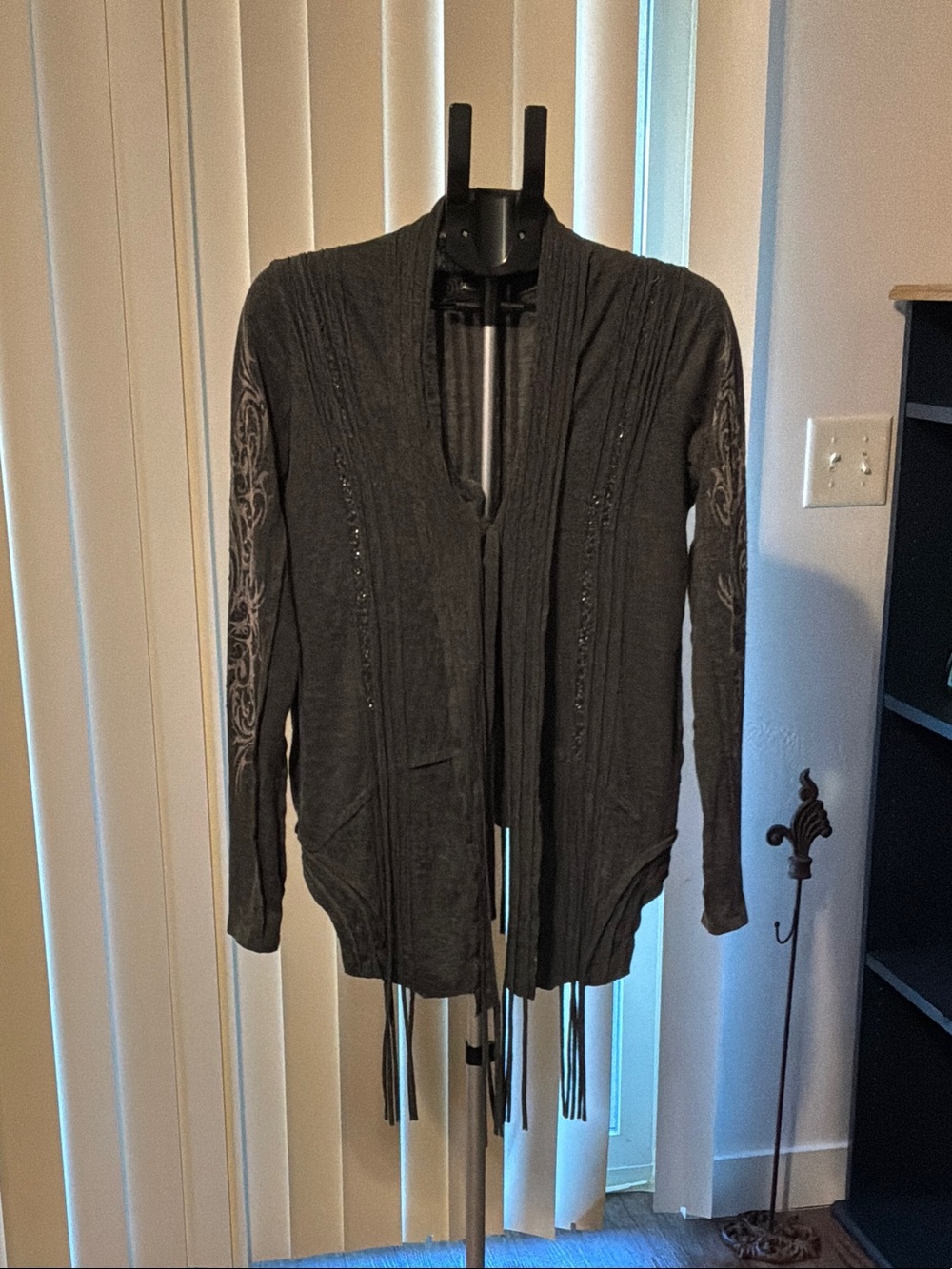 Miss Me Charcoal Fringe Open-Front Cardigan with Sleeve Embroidery